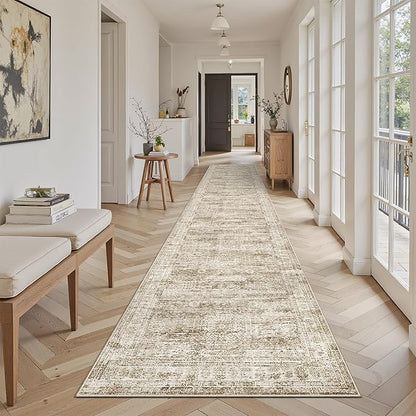 Runner Rug 2'6" x 12' Washable Non-Slip Runner Rugs for Kitchen Bathroom Laundry Room Vintage Ultra Thin Runners for Hallway Entryway Brown