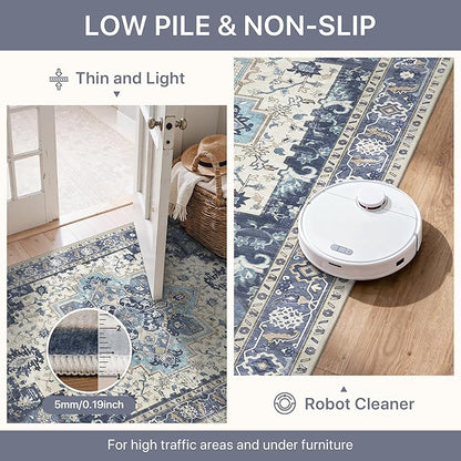 2'6''x10 Runner Rugs for Hallway, Machine Washable Non Slip Vintage Rugs, Low Pile Lightweight Soft Print Rug for enrtyway, Corridor, Home Office, Kitchen, Center Blue