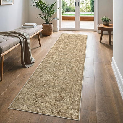 Bavni 2x10 Runner Rug Non Slip, Machine Washable Rug Runners for Hallways, Vintage Distressed Print Kitchen Runner, Low Pile Lightweight Carpet for Entryway Laundry Bedroom Bathroom Nut Brown