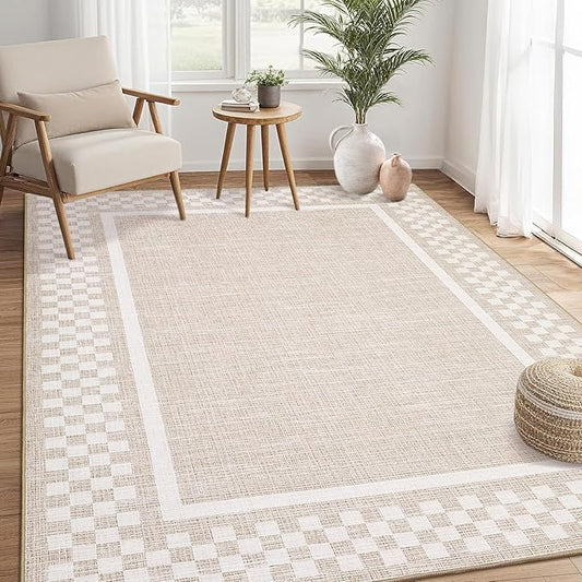 GarveeHome Modern Bordered 8x10 Area Rugs for Living Room Bedroom Soft Washable Large Bedroom Throw Carpet Non Slip Checkered Geometric Rugs for Dining Room Home Decor Office, Beige