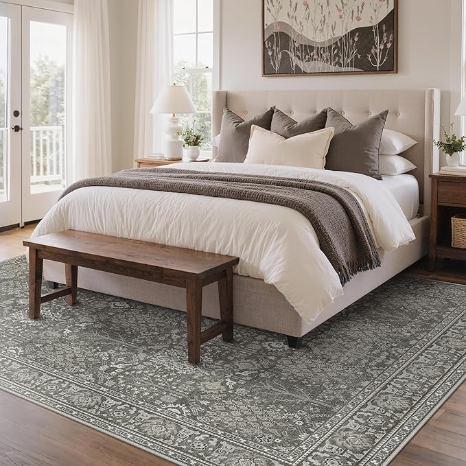 Bavni Area Rugs for Living Room, 5x7 Area Rugs Non-Slip Washable，Ultra-Thin Aesthetic Boho Rug for Bedroom Dinning Room Office, Gery