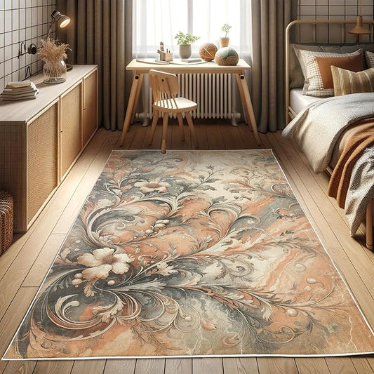 Ambesonne Floral Art Decorative Rug, Abstract Marble Print Look Victorian Curlicue Leaves Boho Flowers, Quality Carpet for Bedroom Dorm and Living Room, 4' X 5' 5", Salmon Blue Grey Eggshell