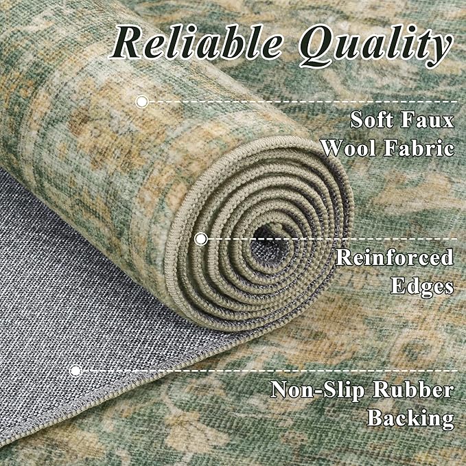 2x6 Runner Rug for Hallways Vintage Distressed Non Slip Long Carpet Floral Boho Distress Print Pattern Mat Lightweight Retro Accent Throw Carpet for Kitchen Bedroom Bedside Laundry Room-Green