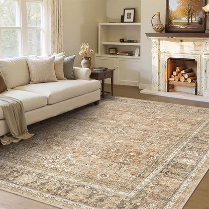 HelloTree Washable Rugs 5x7 Area Rug for Living Room, Vintage Boho Khaki Rug Non Slip Carpet Retro Accent Indoor Mat Print Distressed Low Pile Throw Large Rug for Office Bedside-Khaki