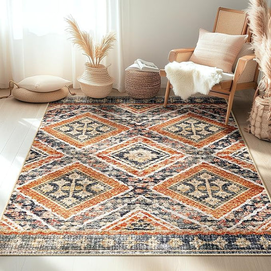 Area Rug 4x6 Rug Machine Washable Non-Slip Low Pile Print Pattern Western Rug for Living Room Bedroom Entryway Tribal Series -Orange/Brown