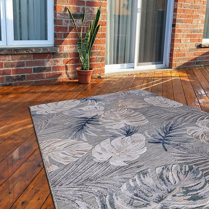 CAMILSON Indoor Outdoor Rug, Blue 4x6 Leaf Tropical Botanical Area Rugs for Indoor and Outdoor patios, Easy-Cleaning Non-Shedding Living Room, Garden and Kitchen Washable Outside Carpet (4 x 6)