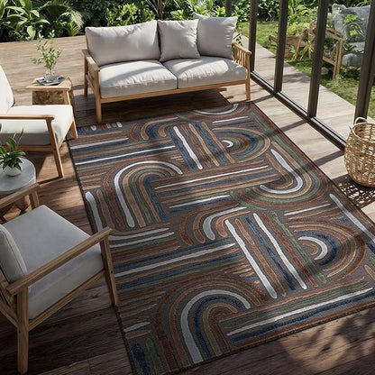 CAMILSON Indoor Outdoor Rug, Brown 6x9 Geometric Arch Striped Area Rugs for Patio and Home Areas, Easy-Cleaning Non-Shedding Living Room, Garden and Deck Washable Outside Carpet (6 x 9)
