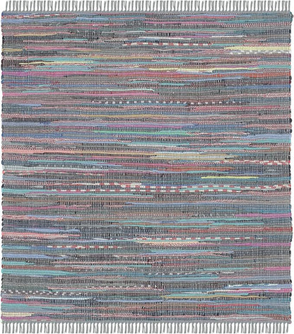 SAFAVIEH Rag Rug Collection Area Rug - 4' Square, Aqua & Multi, Handmade Boho Stripe Cotton, Ideal for High Traffic Areas in Living Room, Bedroom (RAR121K)