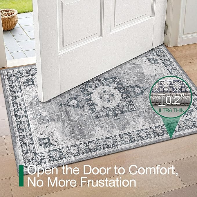 LUMI Indoor Thin Door Mat, 18x30 Washable Small Inside Doormat, Non Slip Low Pile Oriental Floor Carpet, Vintage Distressed Area Rug for Front Door,Entrance,Bedroom, Blue