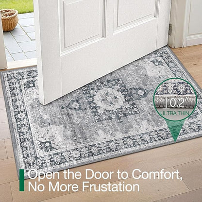 LUMI Indoor Thin Door Mat, 24x36 Washable Small Inside Doormat, Non Slip Low Pile Oriental Floor Carpet, Vintage Distressed Area Rug for Front Door,Entrance,Bedroom, Blue