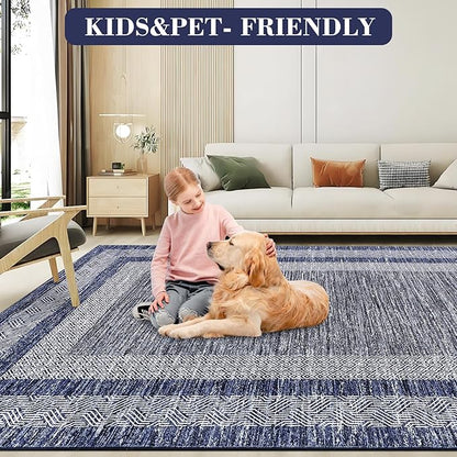 GarveeHome 9x12 Large Modern Navy Blue Area Rug Distressed Bordered Soft Non Shedding Floor Carpet, Geometric Washable Non Slip Low Pile Indoor Area Rug for Living Room, Bedroom