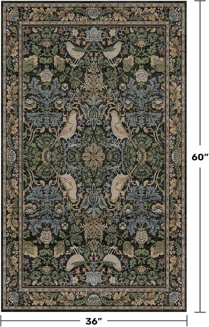 Large Entryway Rugs Indoor - 3x5 Washable Rugs for Kitchen Bedroom Beside Bed Door Mat Indoor Entrance with Moody Woodland Flowers, Non Slip Stain Resistant Low Pile