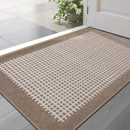 LUMI Inside Door Mat for Entry 17''x30'', Absorbent, Dirt Trapper, Low Profile Thin, Non Slip Mats with Rubber Backing, Ideal for Indoor, High Traffic, Garage, Entrance, Checkered Beige