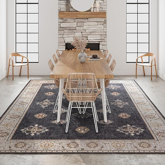 ILANGO Washable Area Rugs 5x7 for Living Room Vintage Area Rugs Non Slip Boho Dining Room Rugs for Under Table Ultra-Thin Low-plie Floor Carpet for Bedroom Farmhouse