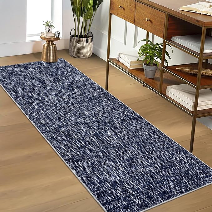 RUGSREAL 2x6 Runner Rug Washable Kitchen Runner Rug Modern Abstract Runner Mat for Hallway Contemporary Solid Rug Non-Slip Foldable Aesthetic Accent Floor Carpet for Living Room Bedroom, Blue