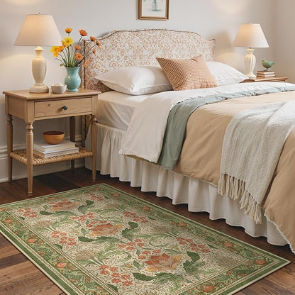 Bavni 4x6 Area Rugs, Floral Machine Washable Rugs for Living Room, Dinning Room, Bedroom, Non Slip Aesthetic Vintage Low Pile Durable Lightweight Farmhouse Rug, Sage Green & Burnt Orange