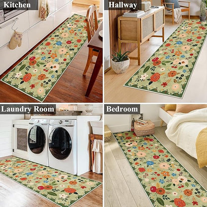 U'Artlines 2'x6' Boho Runner Rug for Hallways Kitchen Colorful Floral Soft Non Slip Washable Floor Carpet Runners for Entryway Laundry Room Bathroom Green