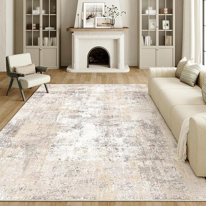 8x10 Washable Area Rug Beige Grey Abstract Living Room Bedroom Carpet Neutral Modern Non Slip Soft Medium Pile Indoor Large Throw Rug for Dining Room Office
