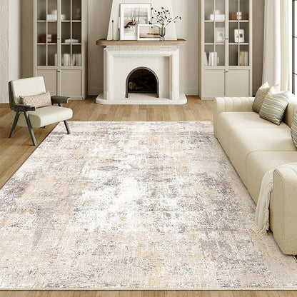8x10 Washable Area Rug Beige Grey Abstract Living Room Bedroom Carpet Neutral Modern Non Slip Soft Medium Pile Indoor Large Throw Rug for Dining Room Office