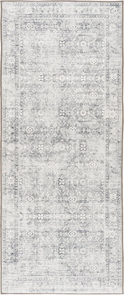 ReaLife Rugs Machine Washable Area Rug Runner - Living Room Bedroom Bathroom Kitchen Entryway Office - Padded Low Pile Stain Resistant Premium - Boho Farmhouse Vintage - Noor - Silver Ivory 2'6" x 6'