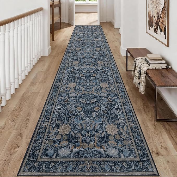 Washable Runner Rug 2x10: Vintage Boho Floral Carpet Runners for Hallway Entryway Non-Slip - Soft Botanical Low Pile Thin Mat for Kitchen Bathroom Bedroom Laundry Floor Decor - Slate Blue