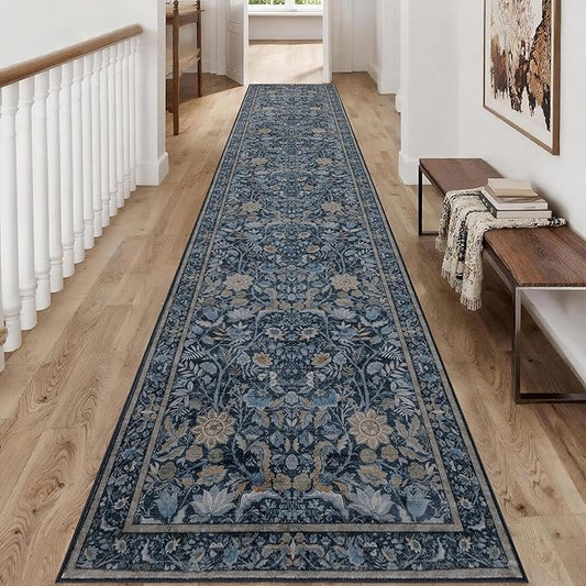 Washable Runner Rug 2x10: Vintage Boho Floral Carpet Runners for Hallway Entryway Non-Slip - Soft Botanical Low Pile Thin Mat for Kitchen Bathroom Bedroom Laundry Floor Decor - Slate Blue