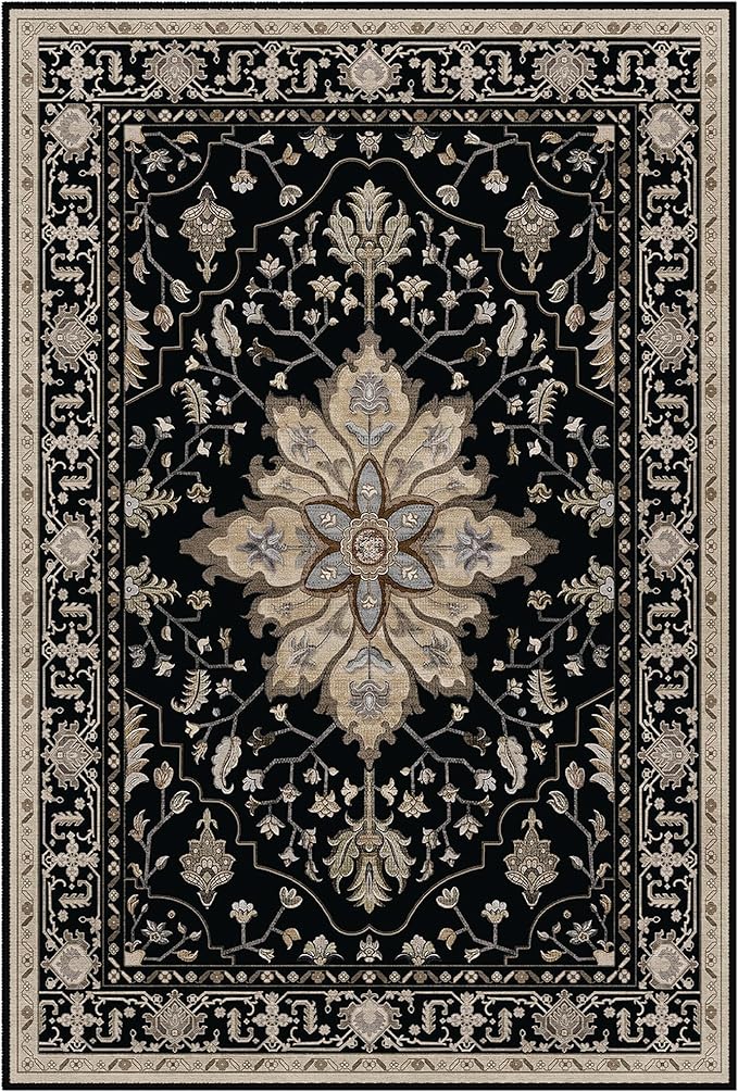 Area Rugs 3'x7' Washable Non-Slip, Floral Vintage Distress Print Pattern Medallion Carpet for Living Room Bedroom Dining Room, Black Brown Neutral Dark Tan
