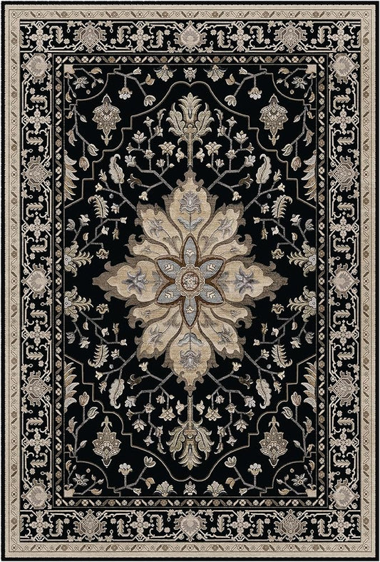 Area Rugs Square 7ft Washable Non-Slip, Floral Vintage Distress Print Pattern Medallion Carpet for Living Room Bedroom Dining Room, Black Brown Neutral Dark Tan