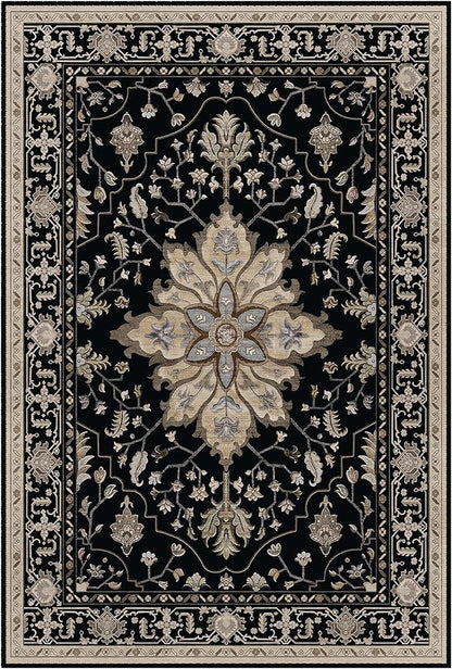 Area Rugs 3'x9' Washable Non-Slip, Floral Vintage Distress Print Pattern Medallion Carpet for Living Room Bedroom Dining Room, Black Brown Neutral Dark Tan