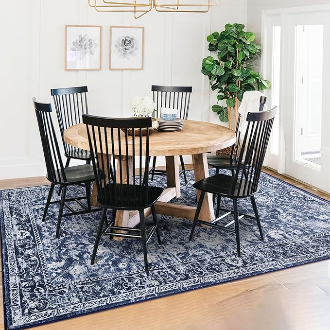KILOCOCO Area Rug 5x7 Living Room Rug Washable Printed Vintage Floral Non Slip Soft Rubber Backed Indoor Bedroom Rugs for Laundry Room Kitchen Playroom Moroccan Area Rugs, Blue