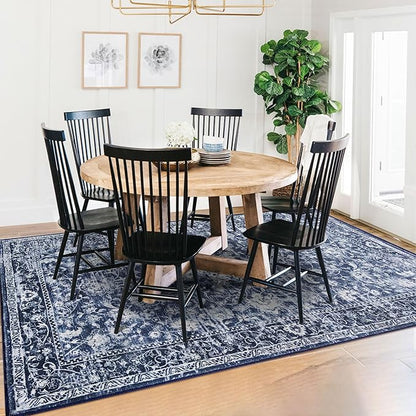 KILOCOCO Area Rug 5x7 Living Room Rug Washable Printed Vintage Floral Non Slip Soft Rubber Backed Indoor Bedroom Rugs for Laundry Room Kitchen Playroom Moroccan Area Rugs, Blue