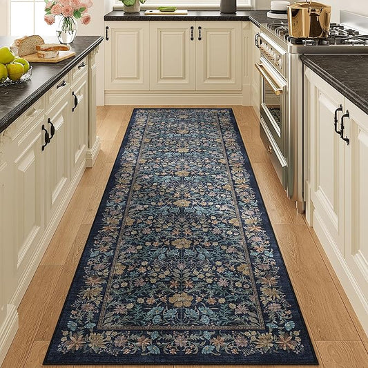 DUKINO 2.6x8 Runner Rug for Hallway, Washable Vintage Floral Kitchen Rug with Non Slip Backing, Soft Low Pile Throw Carpet Runner for Kitchen, Laundry, Hallway, Bathroom, Dark Blue
