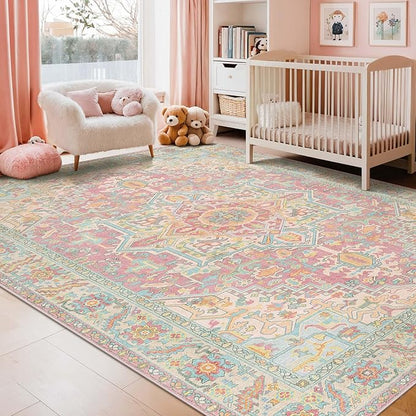 Kokia 8x10 Washable Area Rugs Blossom Pink with Vintage Orient Design Soft Rug for Living Room or Bedroom Non-Slip Low Pile Stain Resistance Features Distressed Medallion Pattern