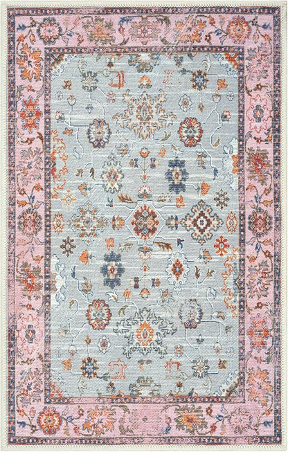 GLN Rugs Traditional Collection - Machine Washable Area Rug, Traditional Washable, Non Slip, Low Pile Chenille Rug, Living Room, Bedroom, Kitchen Rug (2' x 3' Pink/Blue/Multicolor)