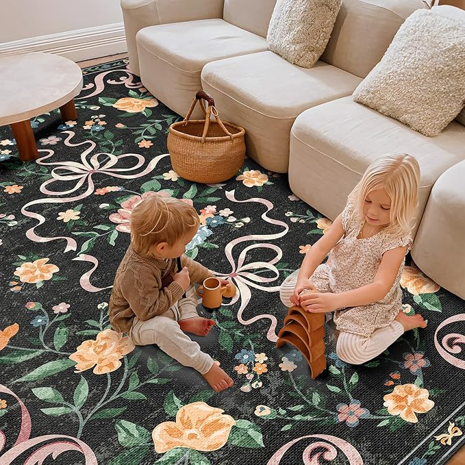 Washable Non-Slip Runner Rugs 2X6, Black Rug Boho Farmhouse Bow Floral Area Rug for Hallway Kitchen Bedroom Beside Laundry Room Bathroom Rug, Low Pile Stain Resistant Soft Floor Carpet