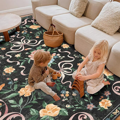 Black Rug Bow Floral Rug 3x5, Washable Boho Area Rugs Non Slip Low Pile Carpet for Girls Room Bedroom, Bedside, Kitchen, Entryway, Kids Room, Soft Ultra-Thin Indoor Elegant Rugs