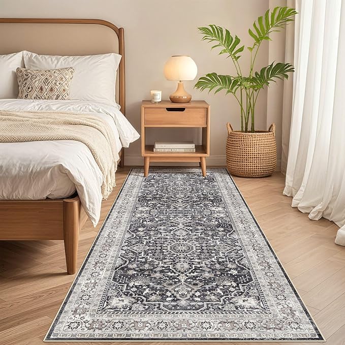 Runner Rug Kitchen Washable Rugs: 3x10 Non-Slip Boho Vintage Distressed Stain Resistant Indoor Floor Moody Oriental Throw Carpet for Hallway Bathroom Laundry Room Entryway Bedroom- Black