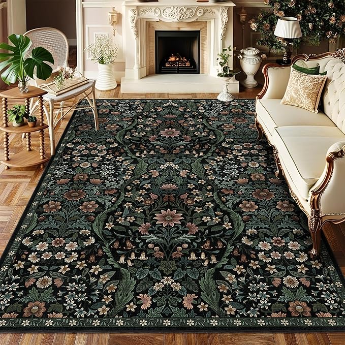 5×7 Black Washable Floral Area Rug,Vintage Boho Soft Low-Pile Living Room Rugs, Stain Resistant Botanical Non-Slip Carpet for Bedroom,Dining Room, Kids Nursery,Home Decor