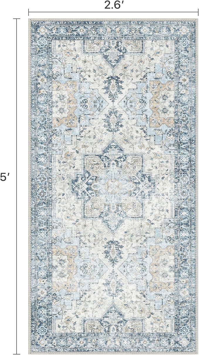Runner Rug 2'6''x5,Non Slip Vintage Machine Washable Runner Rug, Low Pile Lighrweight Rugs for Entryway, Hallway, Kitchen and Corridor, Blue