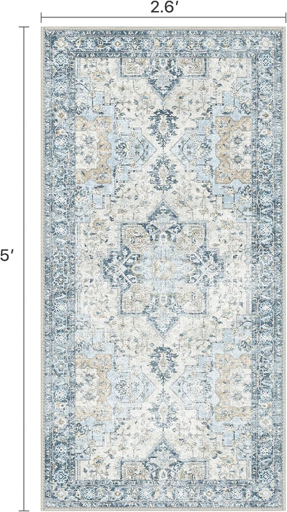 Runner Rug 2'6''x5,Non Slip Vintage Machine Washable Runner Rug, Low Pile Lighrweight Rugs for Entryway, Hallway, Kitchen and Corridor, Blue