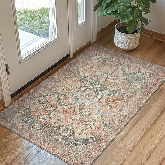 Bavni 2x3 Entryway Rug Bathroom Rugs for Front Door Bedroom Bathroom Kitchen, Washable Vintage Print Carpet, Ultra-Thin Chenille Lightweight Rug with Non Slip Backing, Clay