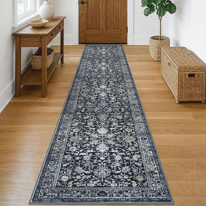 KILOCOCO Hallway Runner 2x10 Rug Runner Printed Vintage Floral Washable Non-Slip Rubber Backed Runners for Hallways Kitchen Laundry Room Entryway Bedroom, Charcoal