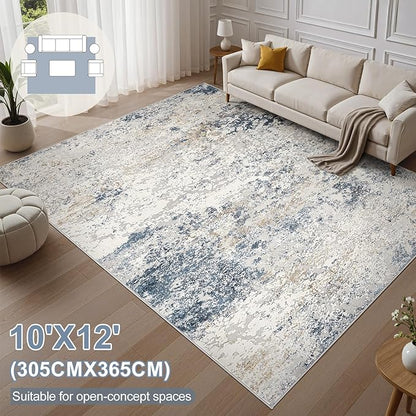 Area Rug Living Room Rugs - 10x12 Large Soft Indoor Neutral Modern Abstract Low Pile Washable Rug Carpet for Bedroom Dining Room Farmhouse Home Office - Beige Blue