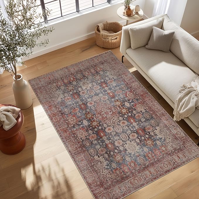 Kuden 6x9 Area Rug, Machine Washable Area Rug with Non-Slip Backing, Vintage Style, Soft, Easy Clean, Low Pile Rug for Living Room, Bedroom, Dining Room