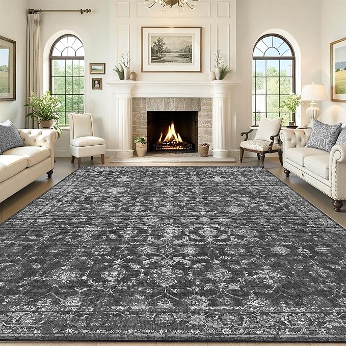 Washable Area Rug 8x10 Black Rugs for Living Room, Vintage Boho Large Rug for Bedroom Dining Room Office, Distressed Floral Print Carpet for Under Table, Soft Non Slip Low Pile Throw Carpet Indoor Mat