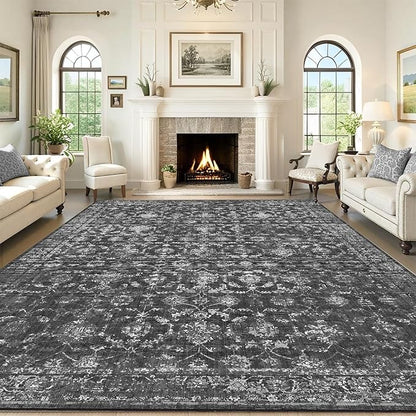 Washable Area Rug 9x12 Black Rugs for Living Room, Vintage Boho Large Rug for Bedroom Dining Room Office, Distressed Floral Print Carpet for Under Table, Soft Non Slip Low Pile Throw Carpet Indoor Mat