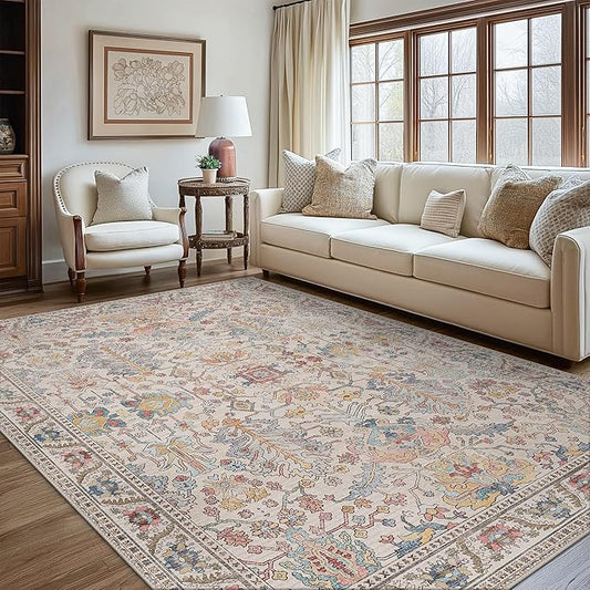 Area Rugs 8x10 Clearance Washable Boho Rug for Bedroom Living Room, Non Slip Thin Low Pile Chenille Carpet for Dining Room,Vintage Farmhouse, Retro Multi