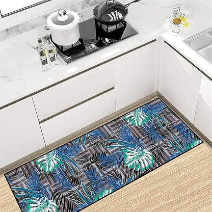 1.3x7 ft Runner Rug Tropical Blue - Non-Slip Low-Pile & Washable for Hallway, Living Room, Bedroom - Botanical Leaf Print Plush Soft - No Linting Easy Clean Indoor Carpet