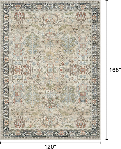 Clearance 10x14 Area Rugs for Living Room, Boho Machine Washable Rugs Non-Slip, Extra Lage Vintage Rugs for Bedroom Dinning Room, Morden Vintage Floral Farmhouse Cottage Carpet, Ivory/Teal