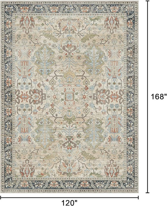 Clearance 10x14 Area Rugs for Living Room, Boho Machine Washable Rugs Non-Slip, Extra Lage Vintage Rugs for Bedroom Dinning Room, Morden Vintage Floral Farmhouse Cottage Carpet, Ivory/Teal